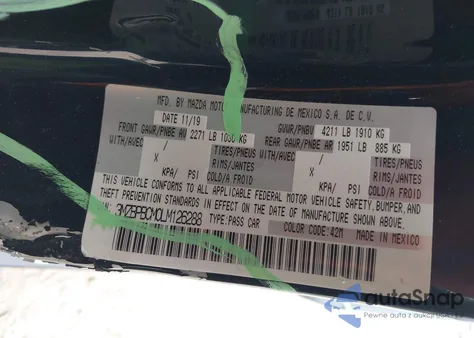 2020 Mazda Mazda3 Select Package из США, поврежденный, VIN 3MZBPBCM0LM126288